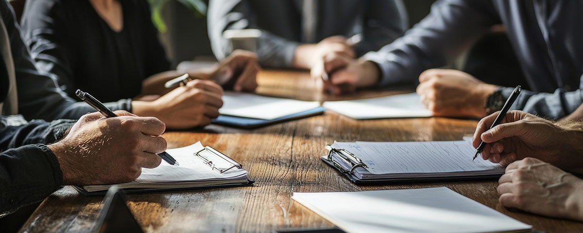 A negotiation table with union representatives and employers discussing wages and working conditions
