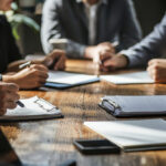 A negotiation table with union representatives and employers discussing wages and working conditions