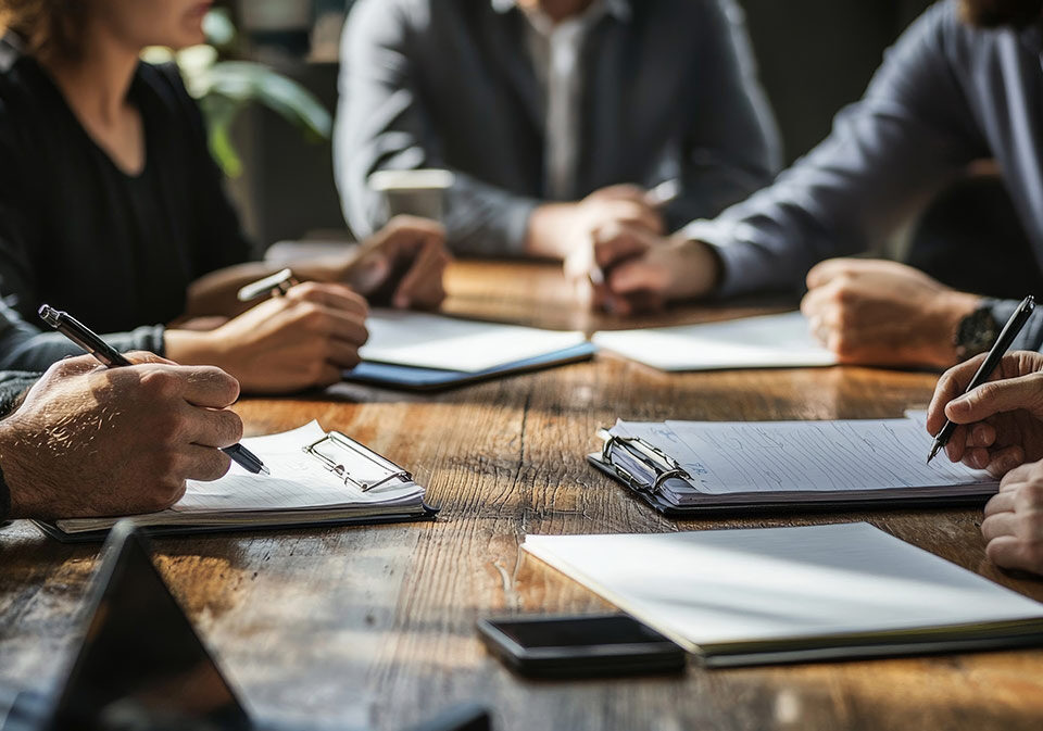 A negotiation table with union representatives and employers discussing wages and working conditions
