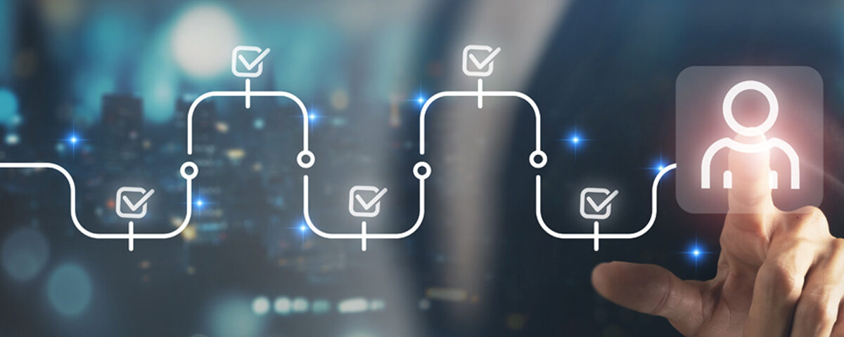 Digital Recruitment and Approval Workflow. Glowing user icon at the end of a digital flow with checkmarks, symbolizing assessment, approval, selection and modern recruitment processes.