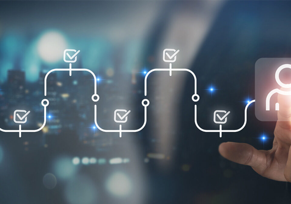 Digital Recruitment and Approval Workflow. Glowing user icon at the end of a digital flow with checkmarks, symbolizing assessment, approval, selection and modern recruitment processes.