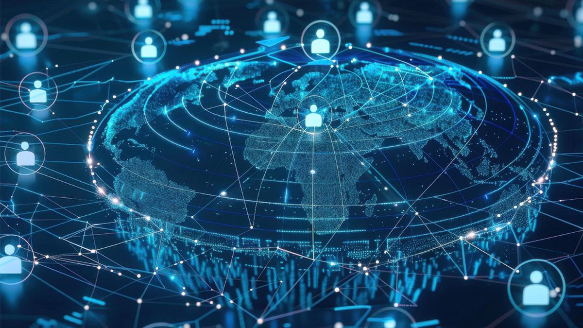 Global talent integration shown via a virtual staff augmentation platform's professional network tech illustration blur.