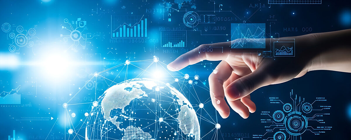 Digital transformation and global connectivity symbolized by a hand interacting with a glowing earth network