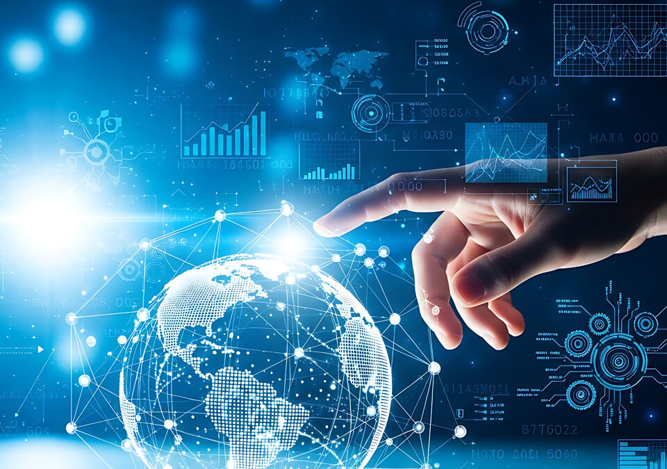 Digital transformation and global connectivity symbolized by a hand interacting with a glowing earth network