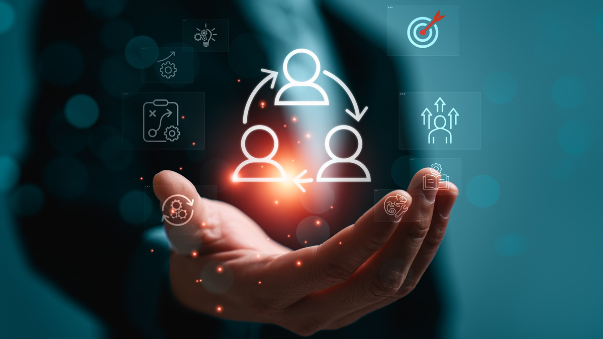 Change management strategy concept with business professional presenting digital team interface, organizational transformation process, leadership alignment and workforce transition planning